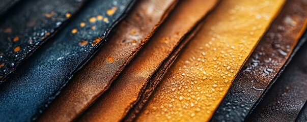Poster - Water droplets adorning colorful leather samples: a showcase of texture and craftsmanship