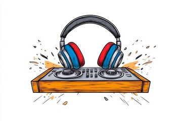 Poster - A flat vector of a pair of headphones hanging on a mixing console, drawn with bold lines and colorful accents on a white background