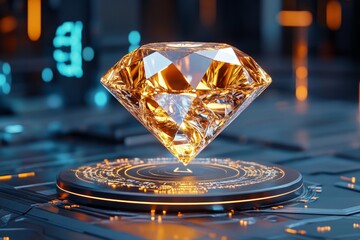 Poster - A futuristic depiction of a diamond floating in a holographic display, surrounded by digital readouts and glowing geometric patterns