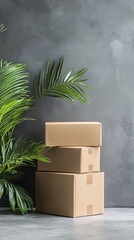 Aufkleber - Stack of cardboard boxes near green plant on gray background