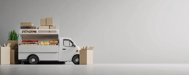 Poster - Delivery truck transporting food and goods in cardboard boxes