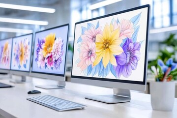 Poster - A graphic designer workspace with colorful digital artwork displayed across multiple screens and a drawing tablet