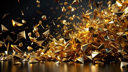 Poster - Chaotic Movement of Gold Alloy Shards Captured in Conceptual Photography: An Exploration of Light, Texture, and Form in Abstract Art