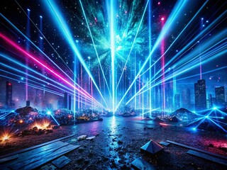 Poster - Chaotic Neon Rays and Abstract Laser Beams in Blue Dust and Glitter on a Black Background for Urban Exploration Photography