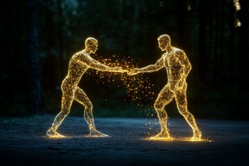 Aufkleber - A magical depiction of two glowing figures releasing a shared thread of light that dissolves into sparkling particles, symbolizing the end of a bond