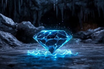 Aufkleber - A magical diamond glowing with inner light, surrounded by floating sparkles and mystical auras in an enchanted cave