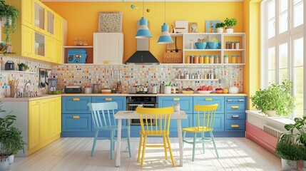 Poster - Family-friendly kitchen with colorful accents, high chairs, and plenty of counter space 