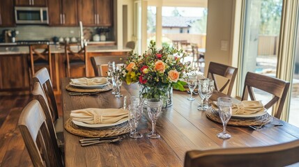Poster - Wooden kitchen table set for dinner with elegant place settings and floral centerpiece 