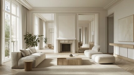 Poster - Spacious living room with natural light, a fireplace, and soft-colored decor 