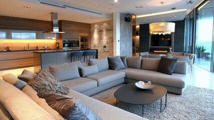 Poster - Open-plan living room and kitchen with modern furniture and decor 