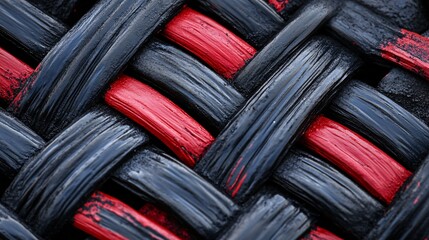 Poster - Intertwined black and red fibers creating textured pattern