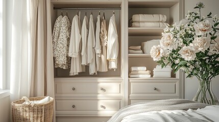 Poster - A beautifully styled bedroom showcases trendy mocha and white hues, featuring an organized wardrobe filled with elegant clothing, soft textiles, and a stunning floral display adding charm