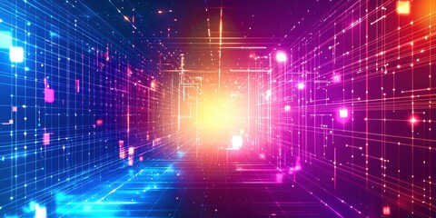 Poster - Colorful, neon lighted room with a yellow light in the middle