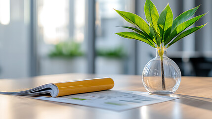 Poster - Fresh green plant arrangement on table with magazine modern office space still life bright interior close-up perspective calm ambiance