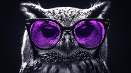 owl in black and white illustration with big purple glasses, generative ai