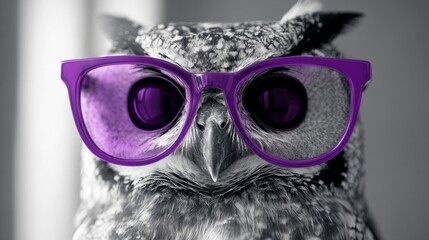Owl in black and white illustration with big purple glasses, generative ai