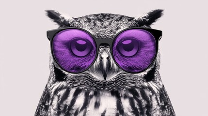 Owl in black and white illustration with big purple glasses, generative ai