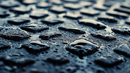 Poster - Water droplets reflecting light on dark textured surface