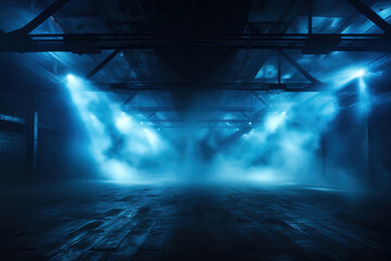 Wall Mural - Excellent Misty street with neon blue lights. Neon illuminated stage