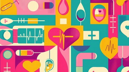 Poster - A modern graphic design depicting various aspects of sexual health care, prevention, and wellness. 