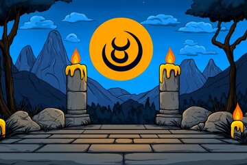 Poster - A pixel art depiction of the Aum symbol glowing softly against an 8-bit temple backdrop, with animated candles and a serene ambiance