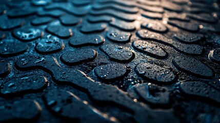 Poster - Water droplets adhering to textured black rubber surface