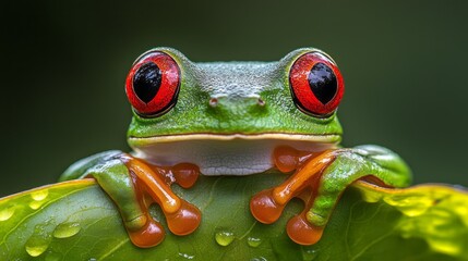Poster - With striking red eyes and bright green skin, this red-eyed tree frog clings to a leaf in a lush rainforest. The humid atmosphere enhances its vibrant colors, creating a captivating moment