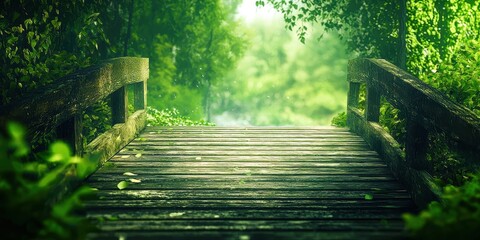 Poster - Wooden bridge with a green forest in the background