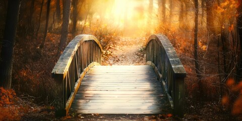 Poster - Wooden bridge with leaves on it