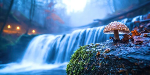 Poster - Mushroom is sitting on a rock near a waterfall