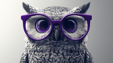 Owl in black and white illustration with big purple glasses, generative ai