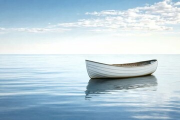 Poster - A peaceful boat floats on still water, surrounded by an endless sky filled with soft clouds. Perfect for adding your own message. Generative AI
