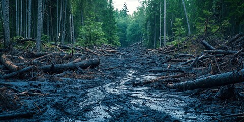 Poster - Muddy path with trees and logs