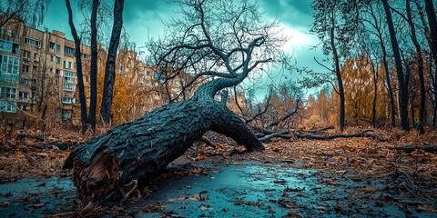 Poster - Large tree trunk is laying on the ground in a forest