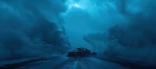 Poster - Car is driving down a road in the rain