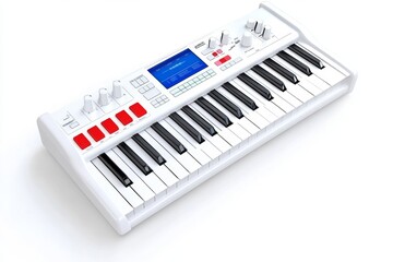Poster - A sleek modern synthesizer isolated on a pure white background, showcasing its digital interface and keyboard design, perfect for music creation and production