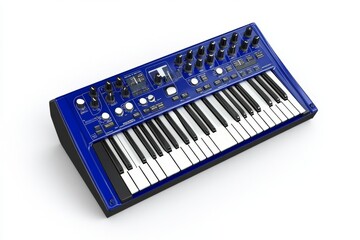 Poster - A sleek modern synthesizer isolated on a pure white background, showcasing its digital interface and keyboard design, perfect for music creation and production