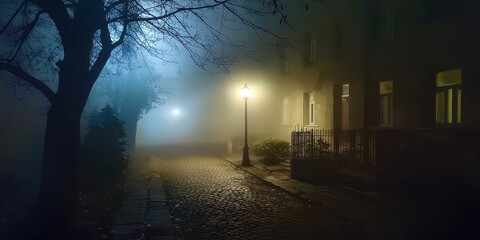 Poster - Street with a foggy night and a street light