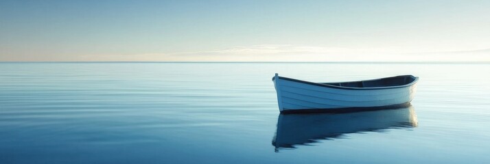 Poster - A single blue boat drifts peacefully on smooth waters, creating a tranquil atmosphere perfect for text or messages. Generative AI
