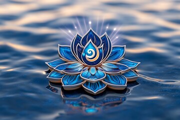 Poster - A vibrant 3D rendering of the Aum symbol floating above a glowing lotus, with intricate details and divine light beams emanating from it