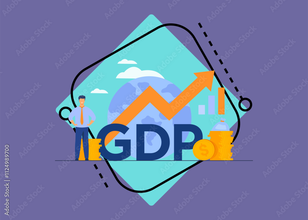 Gross domestic product concept. Growth arrow chart with globe, stacks ...