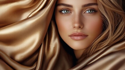 Poster - Wrapped in rich mocha mousse hues, beauty shines with flawless skin and striking green eyes. Silken drapes enhance elegance, creating a stunning visual harmony