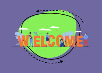 Poster - Happy tiny people near huge welcome word flat vector illustration. Cartoon office team members celebrating and greeting together. Graphic design for poster and celebration concept