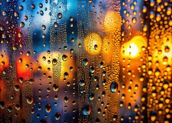 Poster - Close-Up Architectural Photography of Water Condensation and Small Bubbles on a Glass Window Capturing Moisture and Texture in Urban Environments