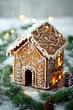 © Сергей Захаров - festive gingerbread house with intricate icing designs surrounded by sprigs of pine and fairy lights
