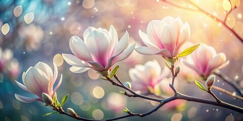 Wall Mural - Close-Up Double Exposure of Magnolia Tree Blossoms in Spring with Soft Focus and Textured Background, Emphasizing New Life and Nature's Beauty