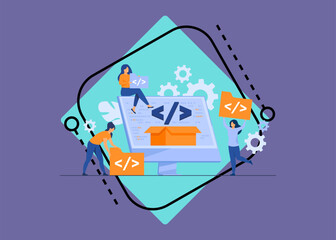 Poster - Tiny developers programming website for internet platform flat vector illustration. Cartoon programmers near screen with open code or script. Software development and digital technology concept