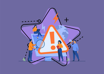 Poster - Tiny people examining operating system error warning on web page isolated flat vector illustration. Cartoon mistake and alert on website. Computer diagnostics and digital technology concept