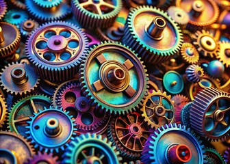 Aufkleber - Close-Up Drone Photography of Industrial Gears Highlighting Intricate Details and Textures in a Mechanistic Environment for Engineering and Manufacturing Applications