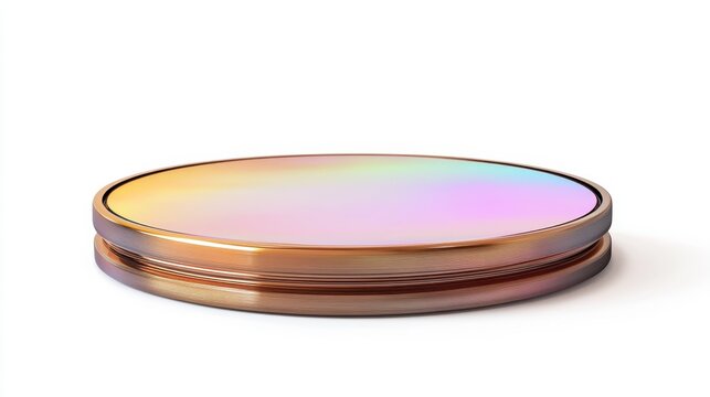 A sleek bronze podium with iridescent holographic reflections, isolated on white for modern design purposes and text integration.